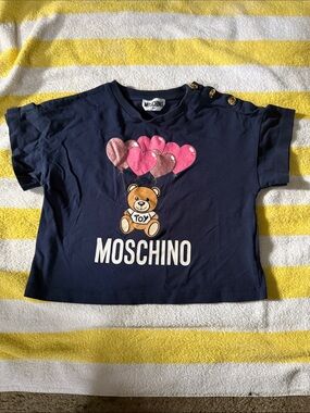 Moschino Navy Short Sleeve Teddy Balloon Tee with Pink Hearts